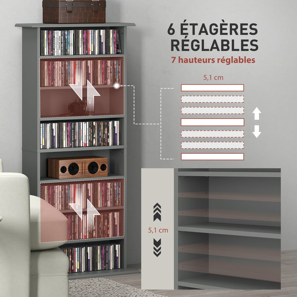 Rangements pour CD et DVD avec 8 compartiments et 6 étagères réglables, capacité max. 360 CD/185 DVD et Blu-ray, gris