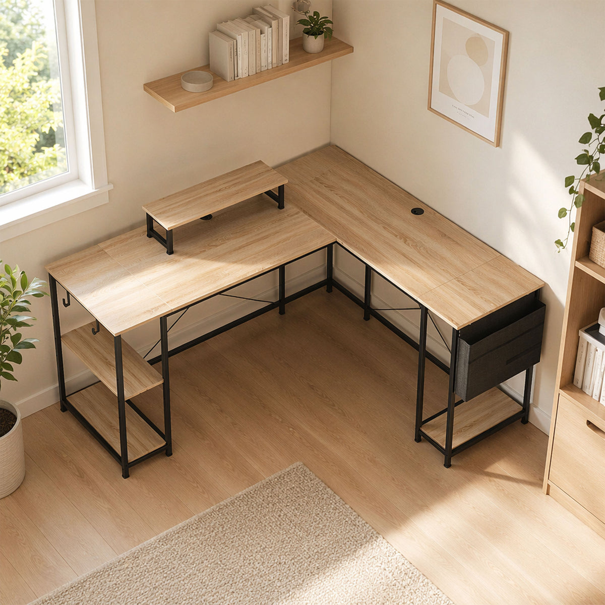 Bureau d'angle modulable réversible 168-240 cm style industriel - étagère réglable, sac de rangement, support d'écran