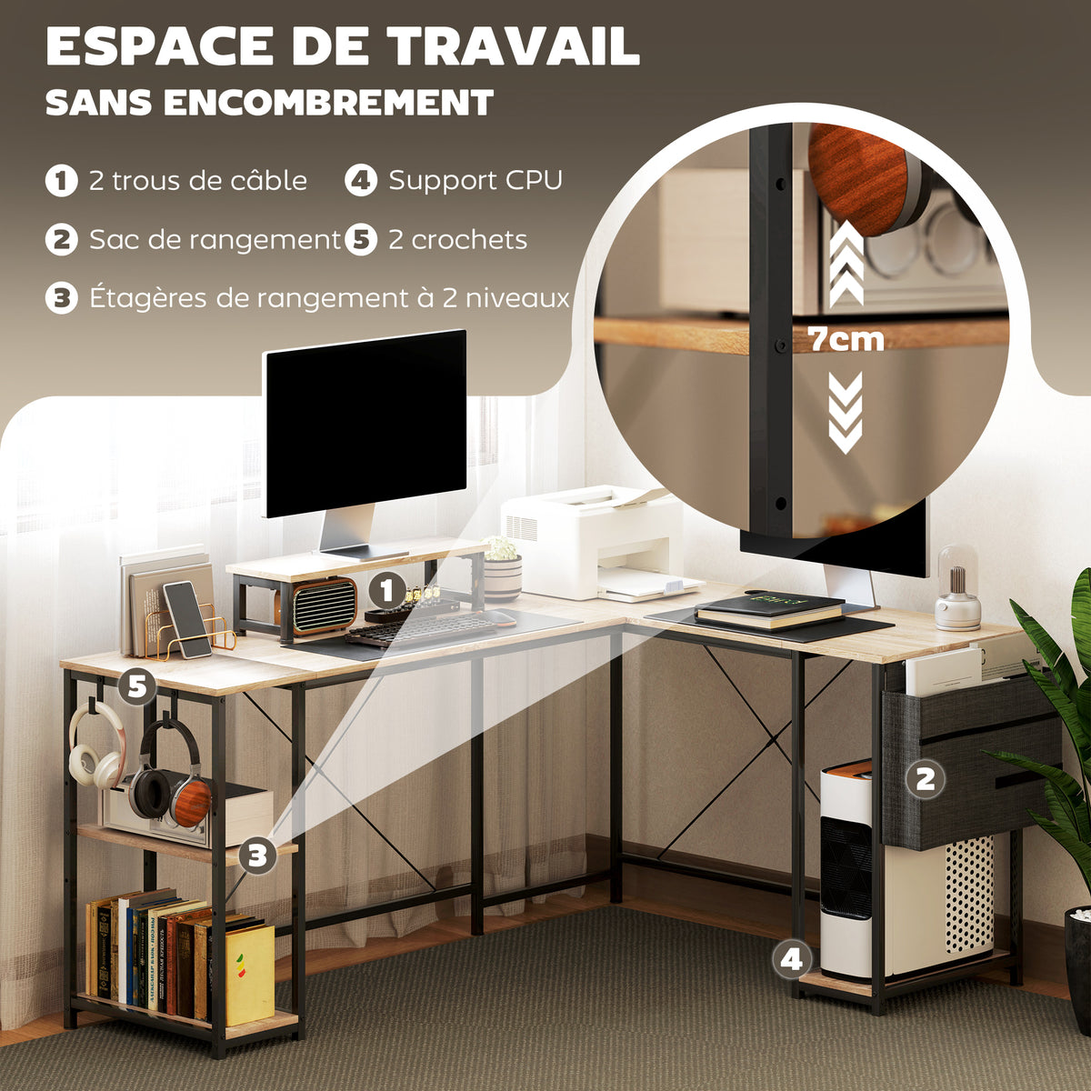 Bureau d'angle modulable réversible 168-240 cm style industriel - étagère réglable, sac de rangement, support d'écran