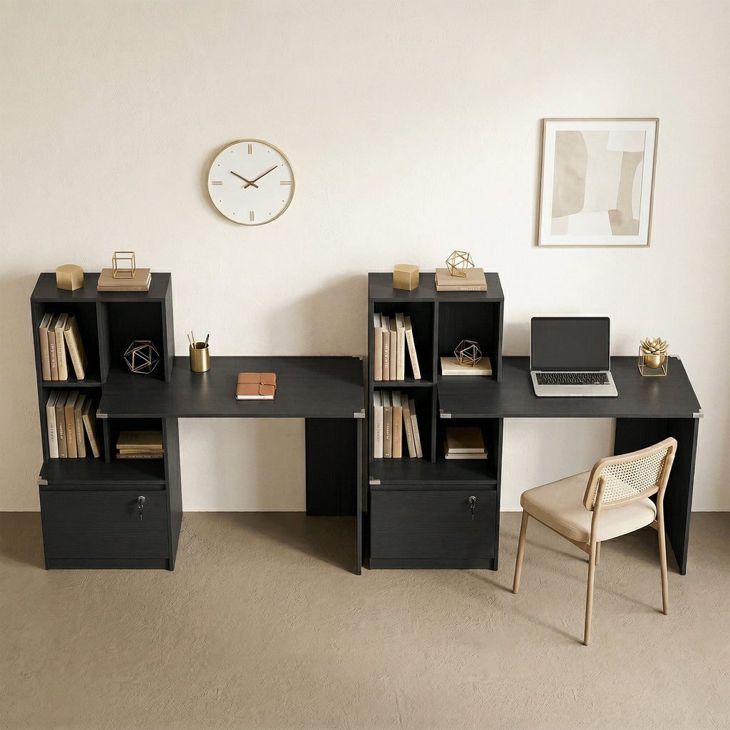Bureau d'ordinateur avec bibliothèque 4 compartiments et tiroir verrouillable, 126 x 50 x 109 cm, noir