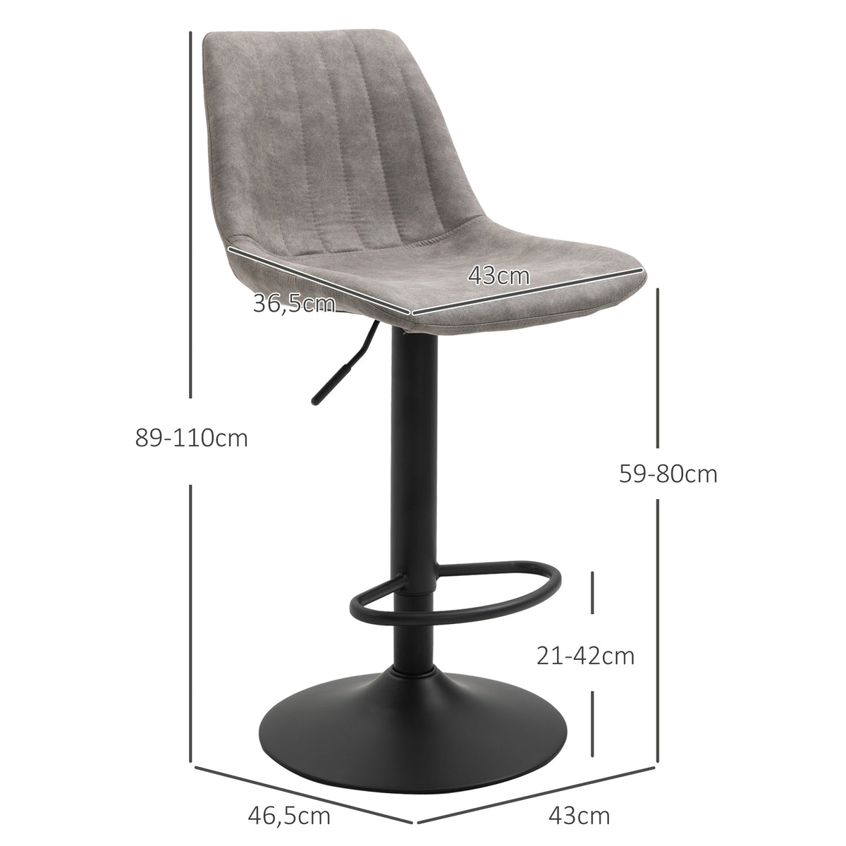 Lot de 2 tabourets de bar style vintage hauteur réglable pivotant avec repose-pied gris