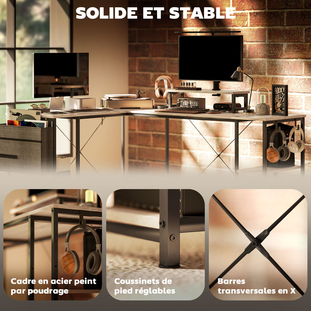 Bureau d'angle modulable réversible 168-240 cm style industriel - étagère réglable, sac de rangement, support d'écran
