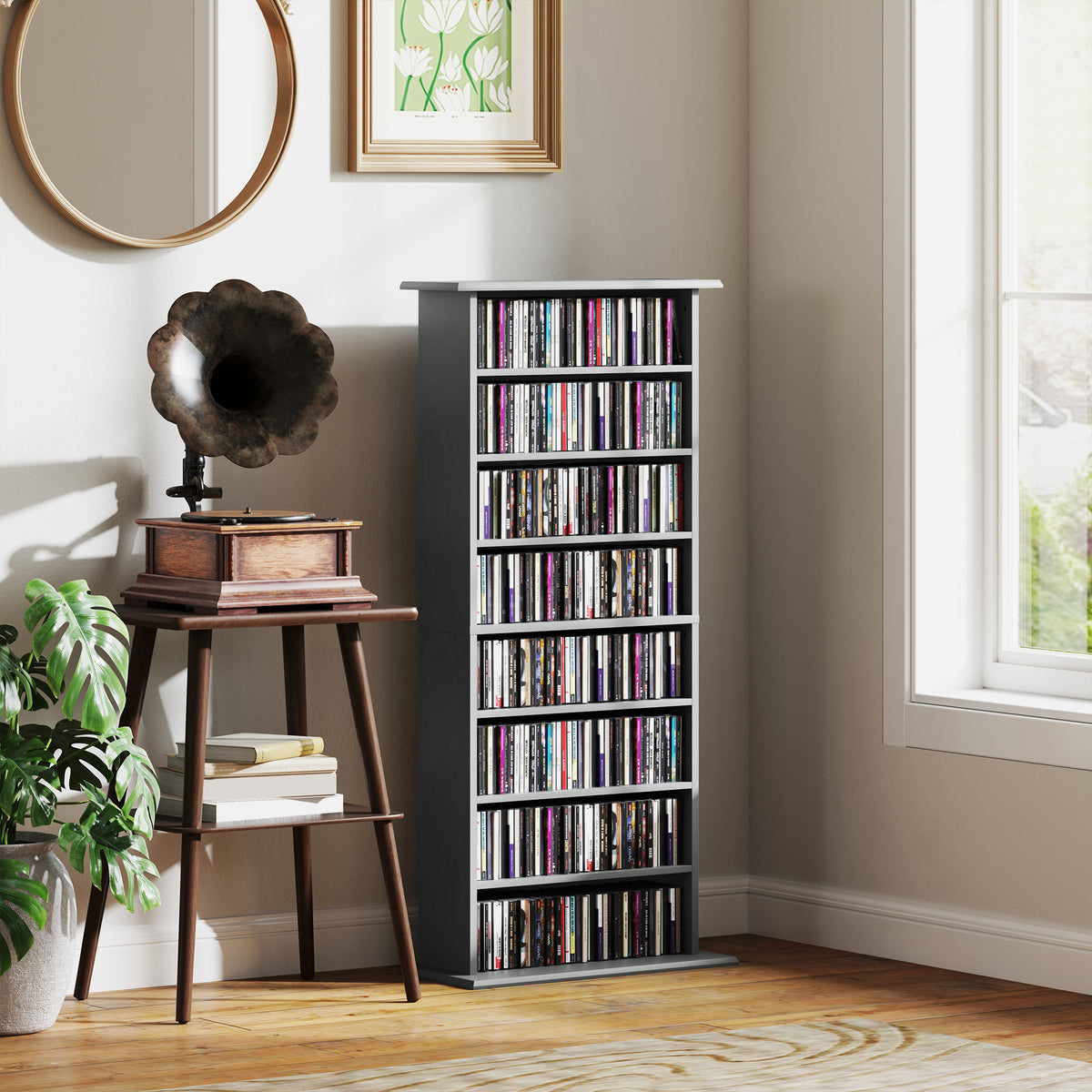 Rangements pour CD et DVD avec 8 compartiments et 6 étagères réglables, capacité max. 360 CD/185 DVD et Blu-ray, gris