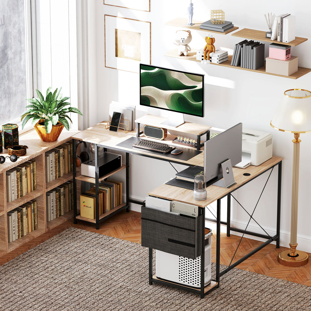Bureau d'angle modulable réversible 168-240 cm style industriel - étagère réglable, sac de rangement, support d'écran
