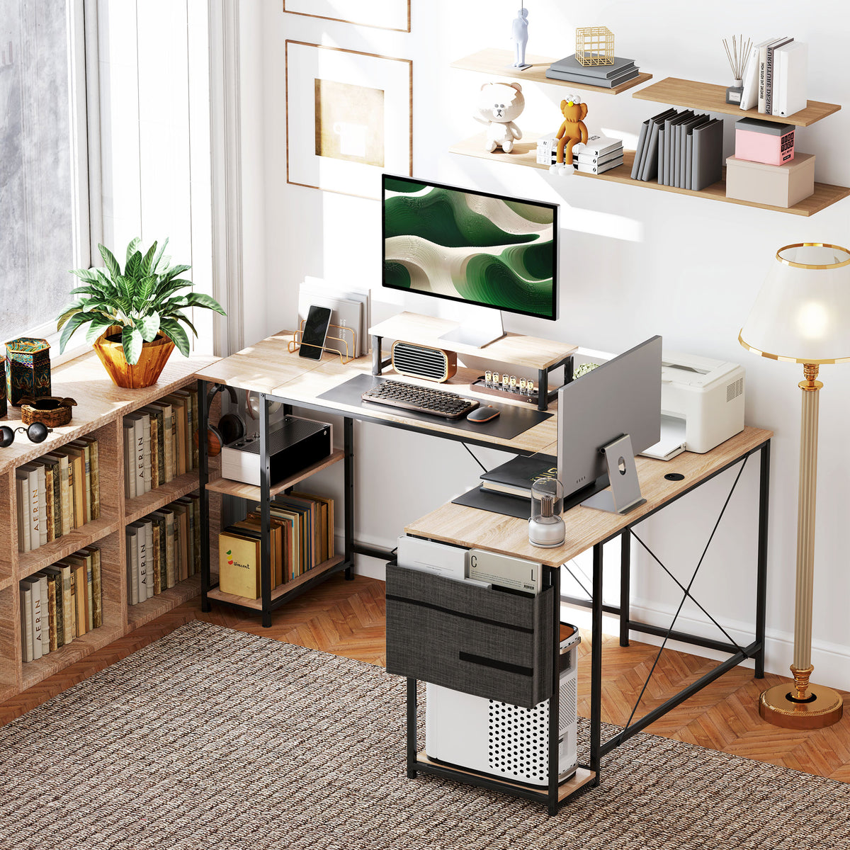 Bureau d'angle modulable réversible 168-240 cm style industriel - étagère réglable, sac de rangement, support d'écran