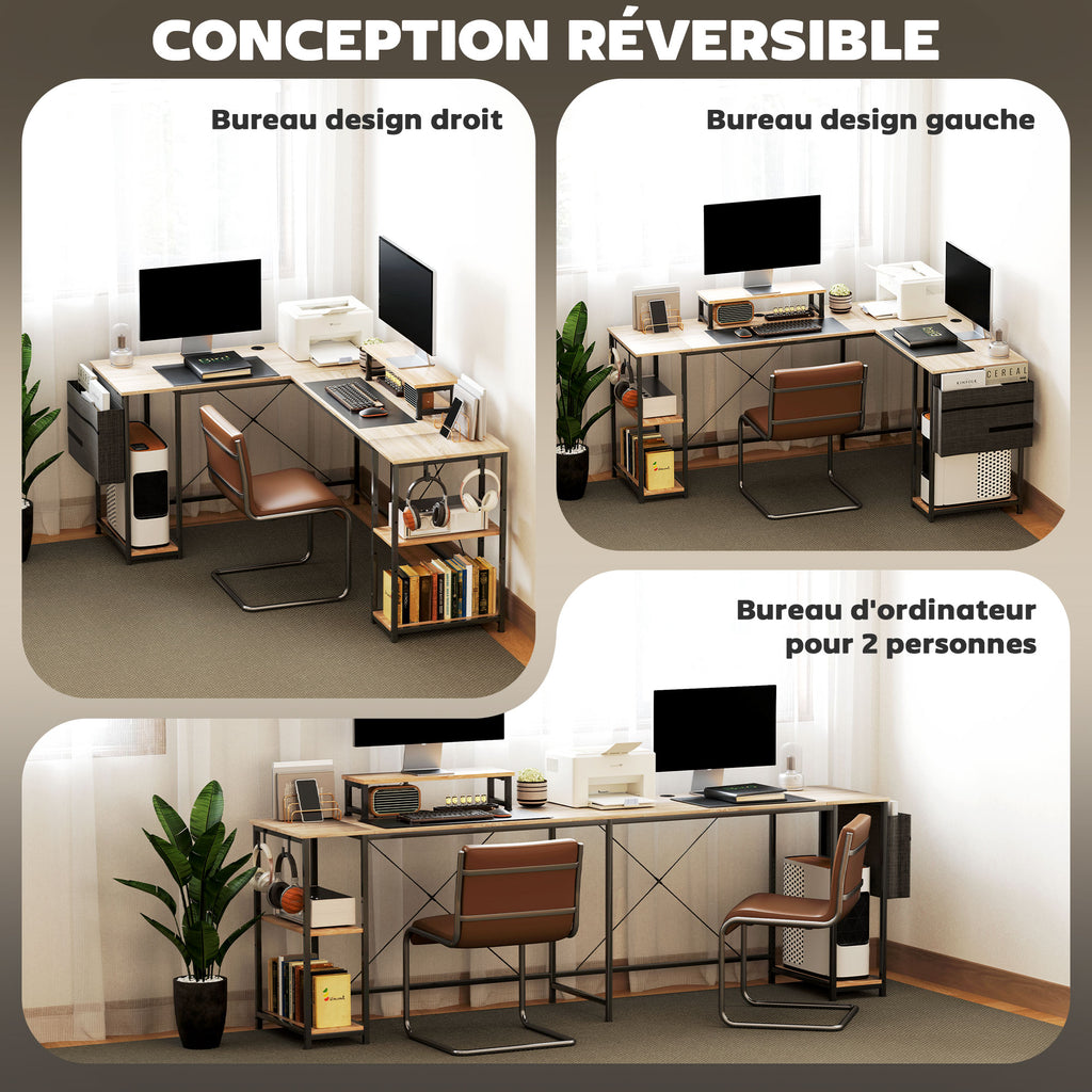 Bureau d'angle modulable réversible 168-240 cm style industriel - étagère réglable, sac de rangement, support d'écran