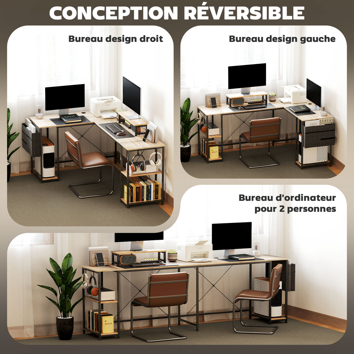 Bureau d'angle modulable réversible 168-240 cm style industriel - étagère réglable, sac de rangement, support d'écran