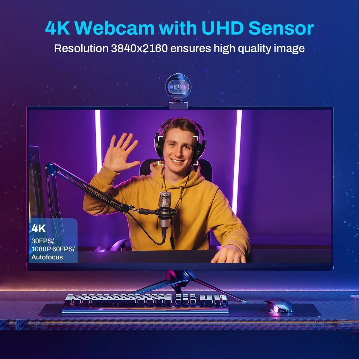 4K Webcam with Tripod Autofocus Streaming Black