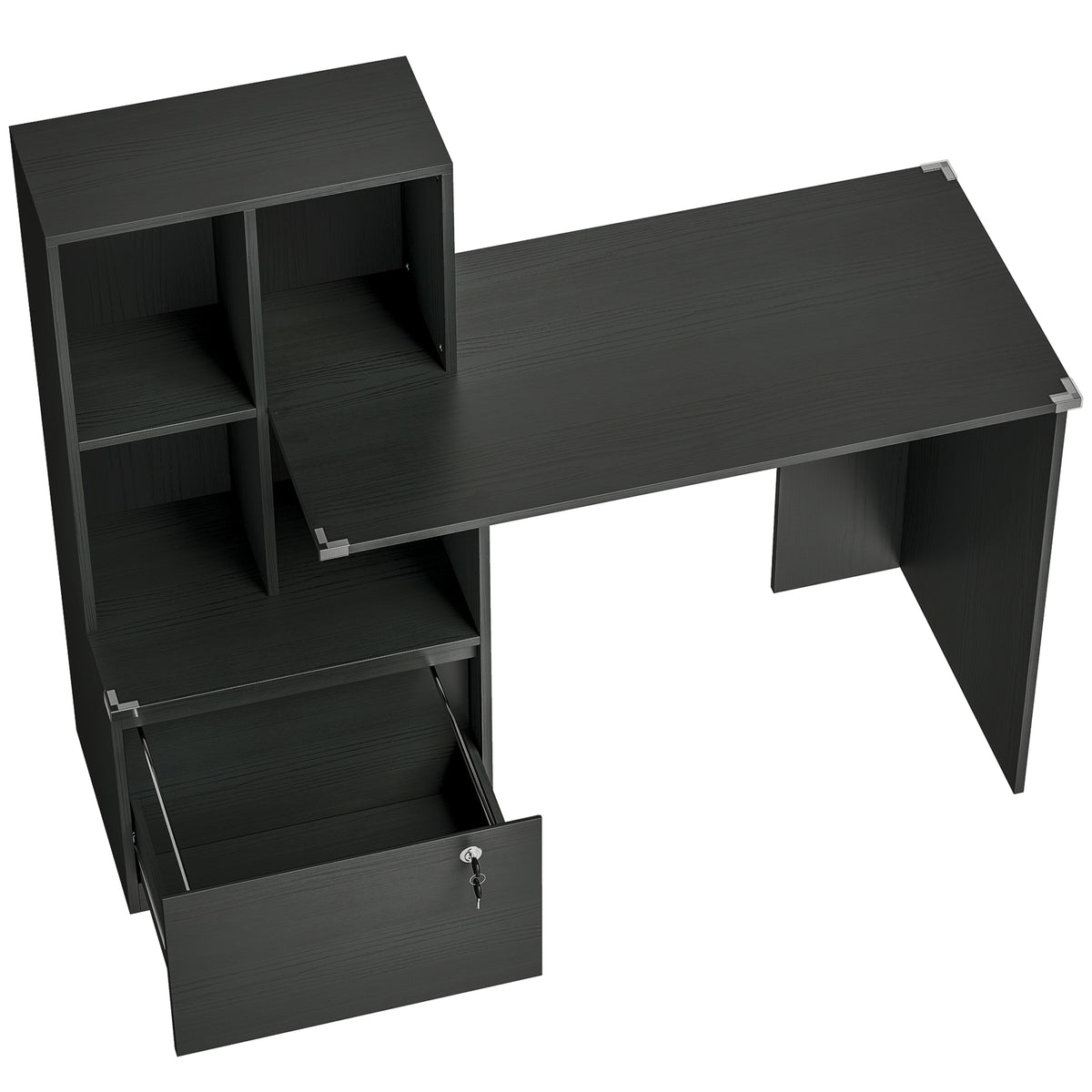 Bureau d'ordinateur avec bibliothèque 4 compartiments et tiroir verrouillable, 126 x 50 x 109 cm, noir