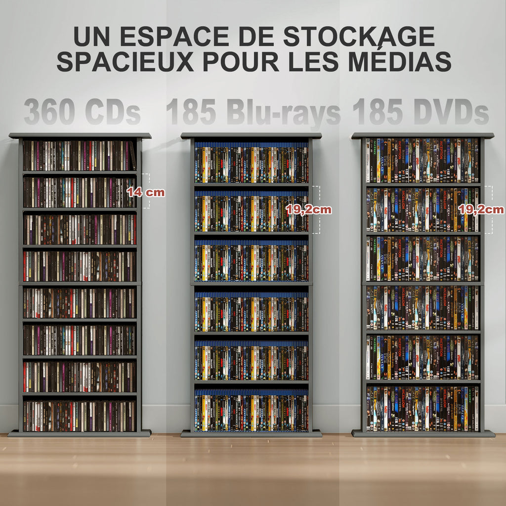 Rangements pour CD et DVD avec 8 compartiments et 6 étagères réglables, capacité max. 360 CD/185 DVD et Blu-ray, gris
