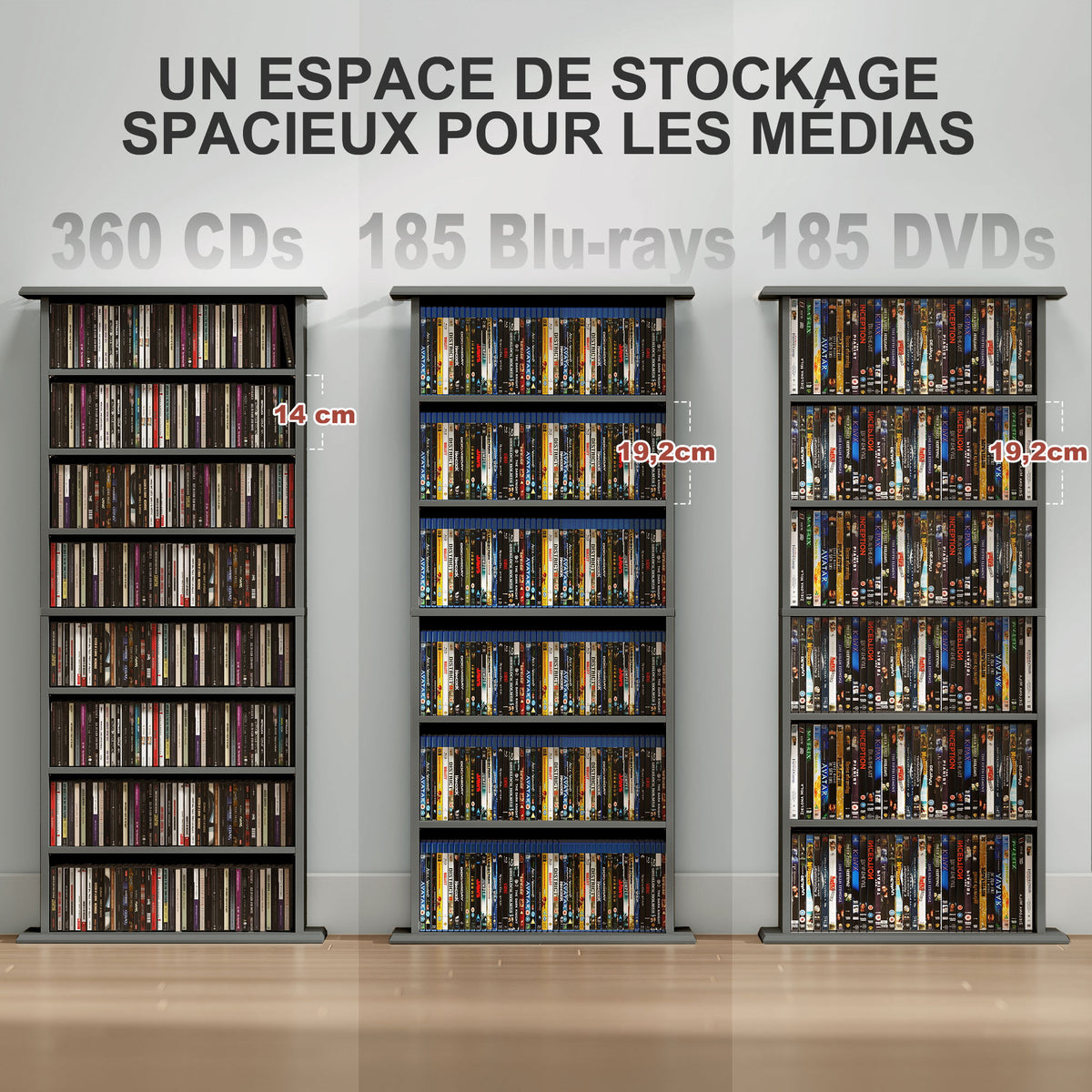 Rangements pour CD et DVD avec 8 compartiments et 6 étagères réglables, capacité max. 360 CD/185 DVD et Blu-ray, gris