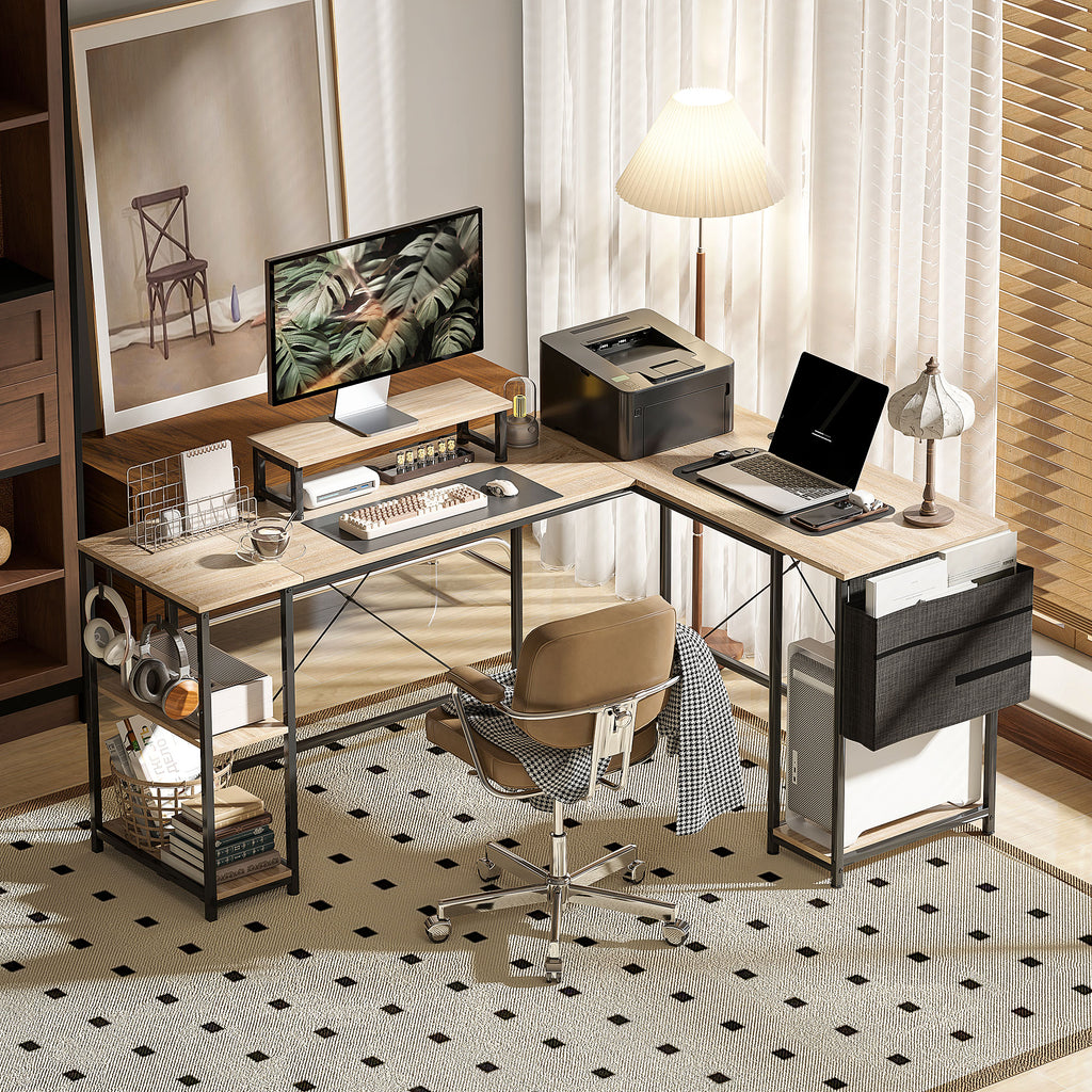 Bureau d'angle modulable réversible 168-240 cm style industriel - étagère réglable, sac de rangement, support d'écran