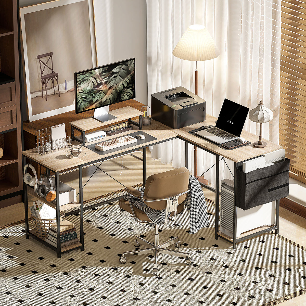 Bureau d'angle modulable réversible 168-240 cm style industriel - étagère réglable, sac de rangement, support d'écran