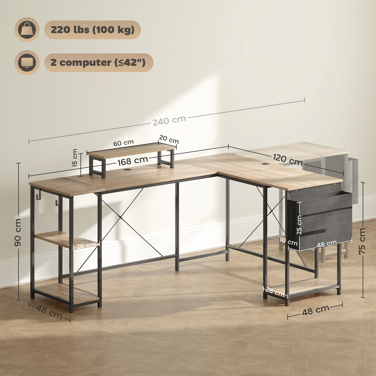 Bureau d'angle modulable réversible 168-240 cm style industriel - étagère réglable, sac de rangement, support d'écran