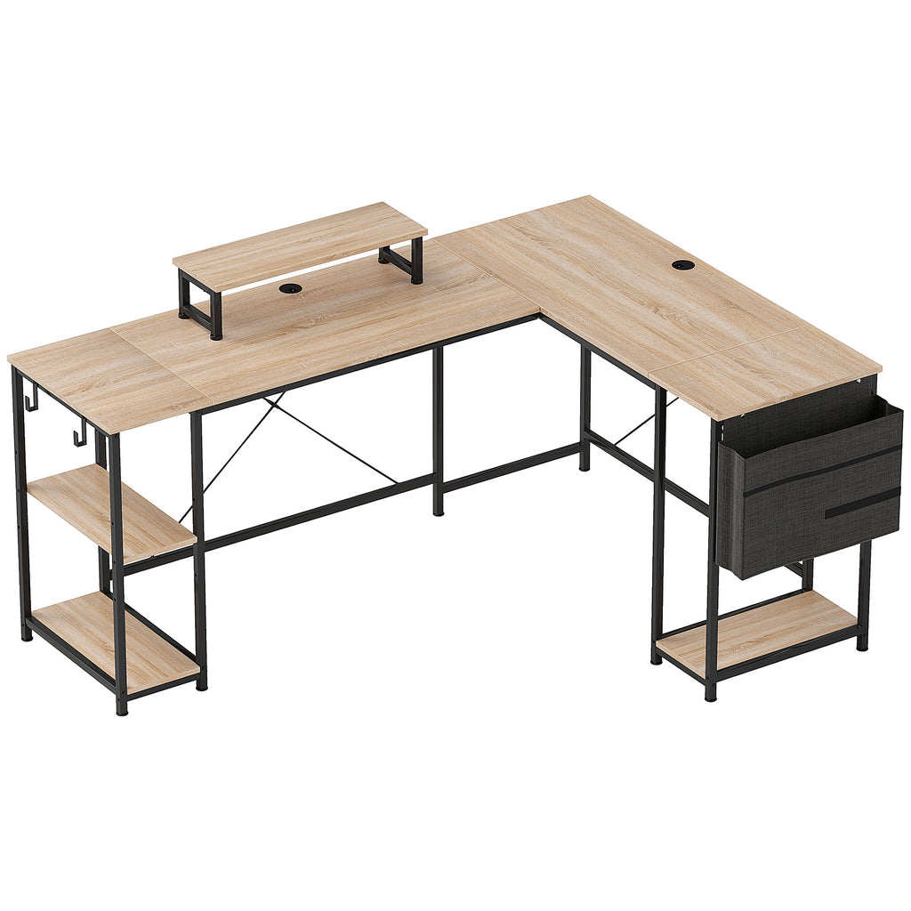 Bureau d'angle modulable réversible 168-240 cm style industriel - étagère réglable, sac de rangement, support d'écran