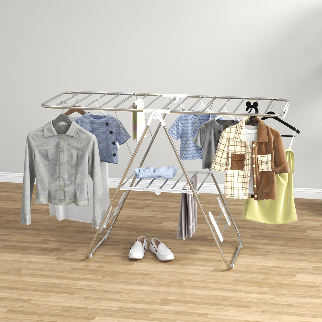 Séchoir à linge sur pieds pliable étendoir 2 niveaux ajustables dim. 148L x 60,5l x 98H cm