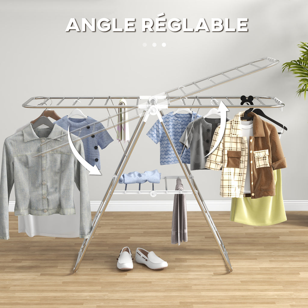 Séchoir à linge sur pieds pliable étendoir 2 niveaux ajustables dim. 148L x 60,5l x 98H cm