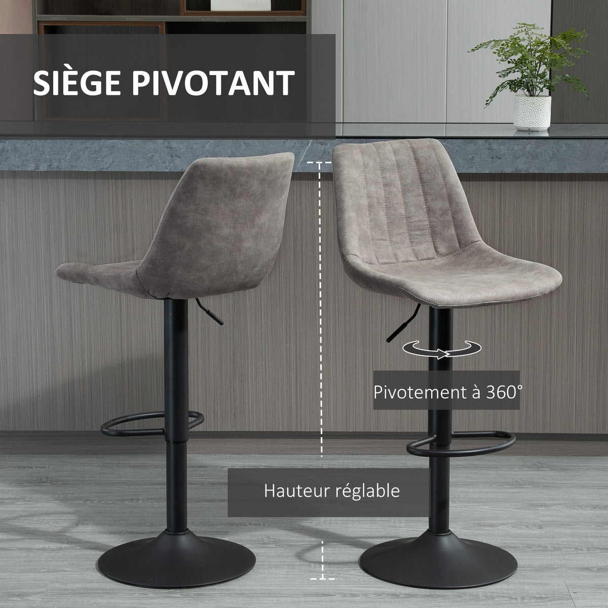 Lot de 2 tabourets de bar style vintage hauteur réglable pivotant avec repose-pied gris